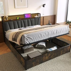 Redom Lit 160x200 cm avec tête de lit LED RGBW, coffre de rangement, cadre métal et revêtement lin gris contemporain