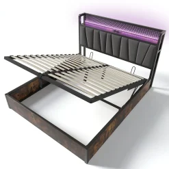 Redom Lit 160x200 cm avec tête de lit LED RGBW, coffre de rangement, cadre métal et revêtement lin gris contemporain