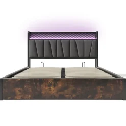 Redom Lit 160x200 cm avec tête de lit LED RGBW, coffre de rangement, cadre métal et revêtement lin gris contemporain