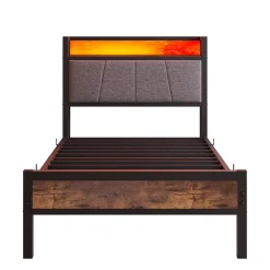 Redom Lit 90x200 cm avec tête de lit haute et LED multicolore, station de charge USB intégrée et cadre métal Outlet