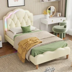 Redom Lit 90x200 cm avec tête de lit ondulée et bande LED multicolore intégrée, tapissé PU beige, lattes en bois