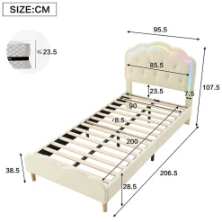 Redom Lit 90x200 cm avec tête de lit ondulée et bande LED multicolore intégrée, tapissé PU beige, lattes en bois