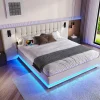 Redom Lit 180x200 cm avec tête de lit à spots, LED multicolore intégrée et port USB, habillage lin beige