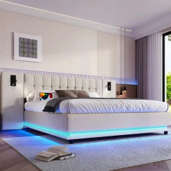 Redom Lit 180x200 cm avec tête de lit à spots, LED multicolore intégrée et port USB, habillage lin beige