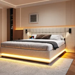 Redom Lit 180x200 cm avec tête de lit à spots, LED multicolore intégrée et port USB, habillage lin beige