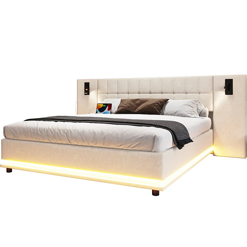 Redom Lit 180x200 cm avec tête de lit à spots, LED multicolore intégrée et port USB, habillage lin beige