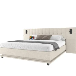 Redom Lit 180x200 cm avec tête de lit à spots, LED multicolore intégrée et port USB, habillage lin beige