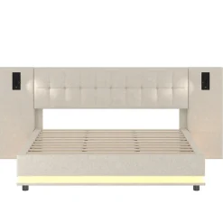 Redom Lit 180x200 cm avec tête de lit à spots, LED multicolore intégrée et port USB, habillage lin beige