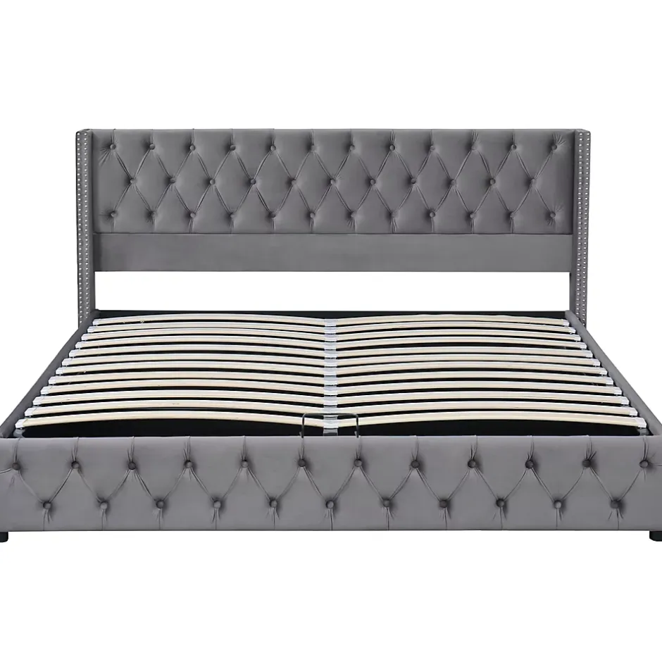 Redom Lit 180x200 cm avec tête de lit capitonnée en velours gris et rangement hydraulique, cadre bois et métal Best