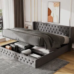 Redom Lit 180x200 cm avec tête de lit capitonnée en velours gris et rangement hydraulique, cadre bois et métal Best