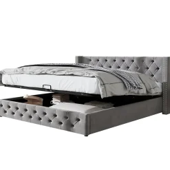 Redom Lit 180x200 cm avec tête de lit capitonnée en velours gris et rangement hydraulique, cadre bois et métal Best