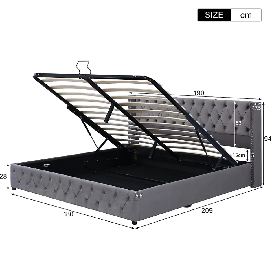 Redom Lit 180x200 cm avec tête de lit capitonnée en velours gris et rangement hydraulique, cadre bois et métal Best