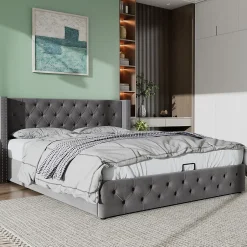 Redom Lit 180x200 cm avec tête de lit capitonnée en velours gris et rangement hydraulique, cadre bois et métal Best