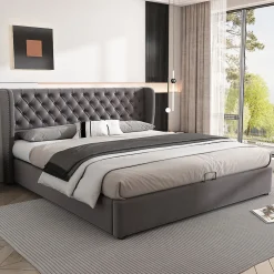 Redom Lit 180x200 cm avec tête de lit capitonnée en velours, coffre hydraulique intégré et cadre bois/métal gris