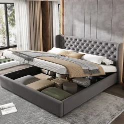 Redom Lit 180x200 cm avec tête de lit capitonnée en velours, coffre hydraulique intégré et cadre bois/métal gris