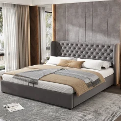 Redom Lit 180x200 cm avec tête de lit capitonnée en velours, coffre hydraulique intégré et cadre bois/métal gris