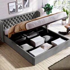 Redom Lit 180x200 cm avec tête de lit capitonnée en velours, coffre hydraulique intégré et cadre bois/métal gris