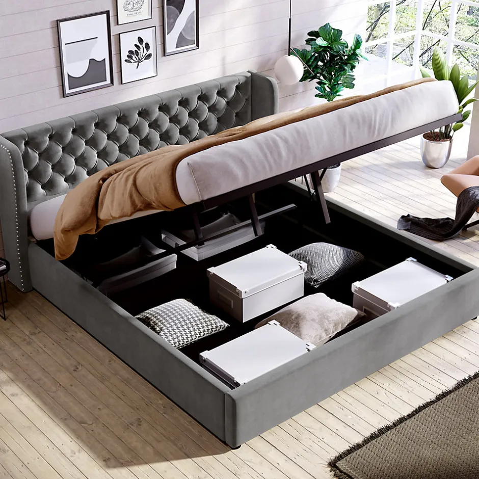 Redom Lit 180x200 cm avec tête de lit capitonnée en velours, coffre hydraulique intégré et cadre bois/métal gris