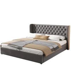 Redom Lit 180x200 cm avec tête de lit capitonnée en velours, coffre hydraulique intégré et cadre bois/métal gris