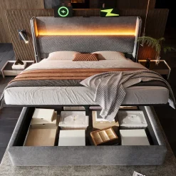 Redom Lit 180x200 cm avec tête de lit haute tapissée lin, rangement hydraulique, LED intégrée et port USB/Type-C