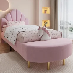 Redom Lit 90x200 cm avec tête de lit en velours rose et banquette assortie, cadre métal robuste et stable