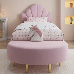 Redom Lit 90x200 cm avec tête de lit en velours rose et banquette assortie, cadre métal robuste et stable
