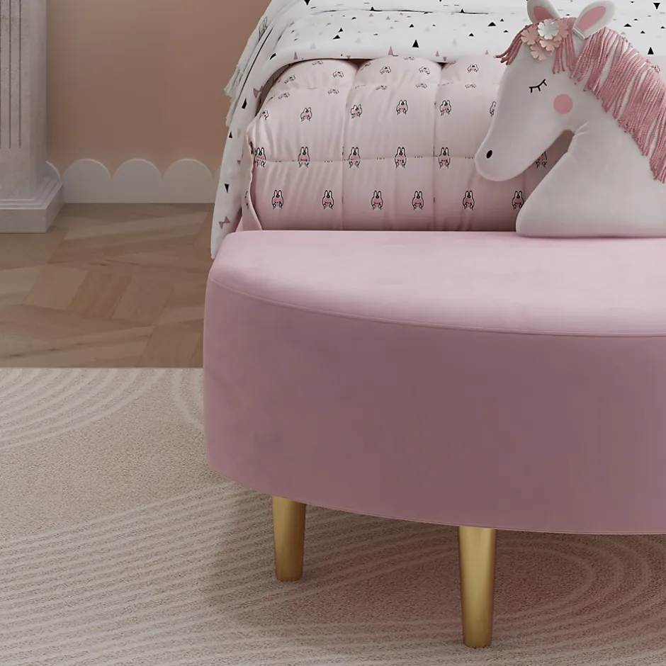 Redom Lit 90x200 cm avec tête de lit en velours rose et banquette assortie, cadre métal robuste et stable