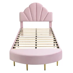 Redom Lit 90x200 cm avec tête de lit en velours rose et banquette assortie, cadre métal robuste et stable