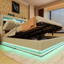 Redom Lit 140x200 cm avec tête de lit LED et ports USB/Type-C, rangement hydraulique, revêtement lin beige