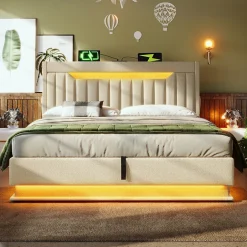 Redom Lit 140x200 cm avec tête de lit LED et ports USB/Type-C, rangement hydraulique, revêtement lin beige