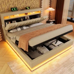 Redom Lit 140x200 cm avec tête de lit LED et ports USB/Type-C, rangement hydraulique, revêtement lin beige