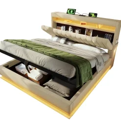 Redom Lit 140x200 cm avec tête de lit LED et ports USB/Type-C, rangement hydraulique, revêtement lin beige