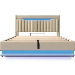 Redom Lit 140x200 cm avec tête de lit LED et ports USB/Type-C, rangement hydraulique, revêtement lin beige