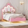 Redom Lit 90x200 cm avec tête de lit en forme de couronne, éclairage LED réglable et revêtement PU rose Clearance