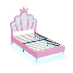 Redom Lit 90x200 cm avec tête de lit en forme de couronne, éclairage LED réglable et revêtement PU rose Clearance