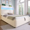 Redom Lit 90x200 cm avec tête de lit haute tapissée lin beige, rangement hydraulique et éclairage LED
