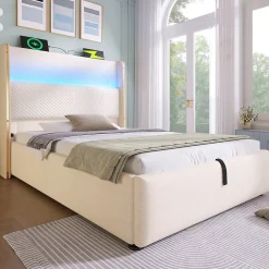 Redom Lit 90x200 cm avec tête de lit haute tapissée lin beige, rangement hydraulique et éclairage LED