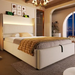 Redom Lit 90x200 cm avec tête de lit haute tapissée lin beige, rangement hydraulique et éclairage LED