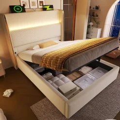Redom Lit 90x200 cm avec tête de lit haute tapissée lin beige, rangement hydraulique et éclairage LED