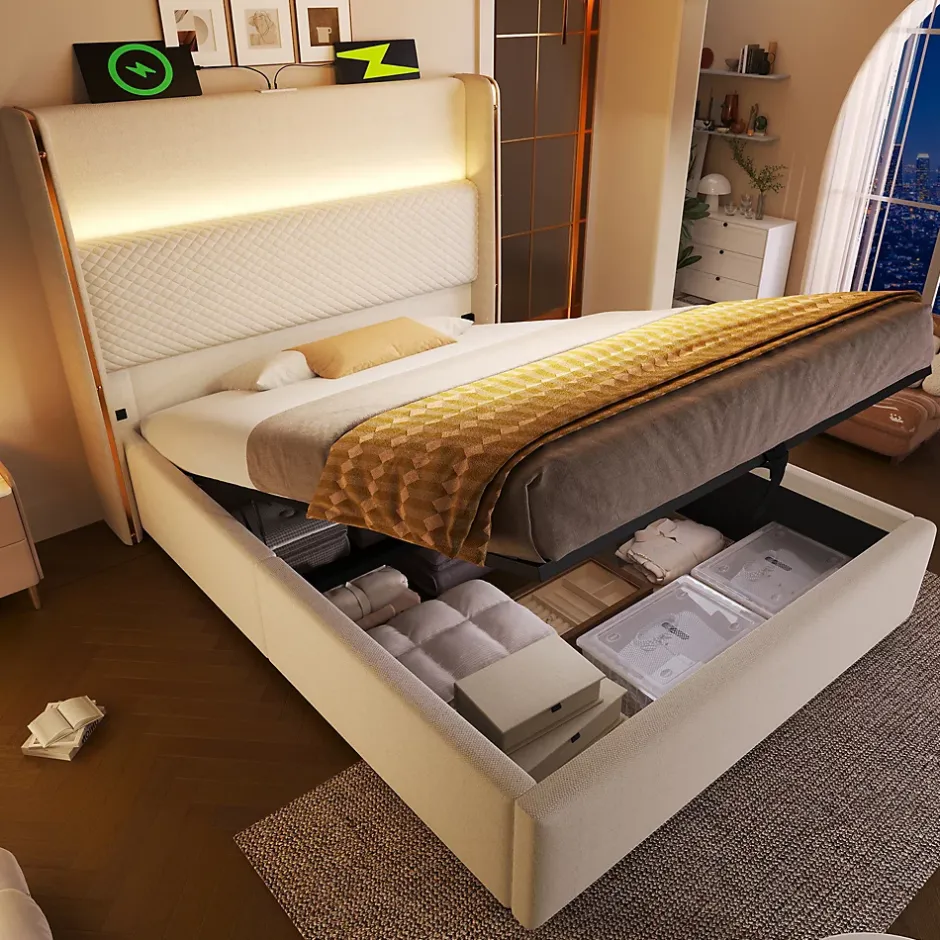 Redom Lit 90x200 cm avec tête de lit haute tapissée lin beige, rangement hydraulique et éclairage LED