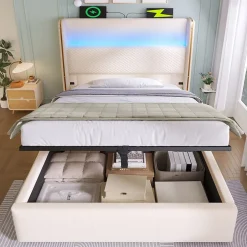 Redom Lit 90x200 cm avec tête de lit haute tapissée lin beige, rangement hydraulique et éclairage LED