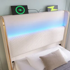 Redom Lit 90x200 cm avec tête de lit haute tapissée lin beige, rangement hydraulique et éclairage LED