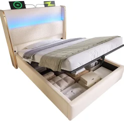 Redom Lit 90x200 cm avec tête de lit haute tapissée lin beige, rangement hydraulique et éclairage LED