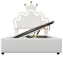 Redom Lit 90x200 cm avec tête de lit réglable et rangement hydraulique, revêtement PU blanc, design couronne