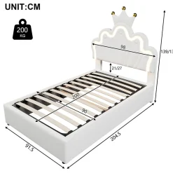 Redom Lit 90x200 cm avec tête de lit réglable et rangement hydraulique, revêtement PU blanc, design couronne