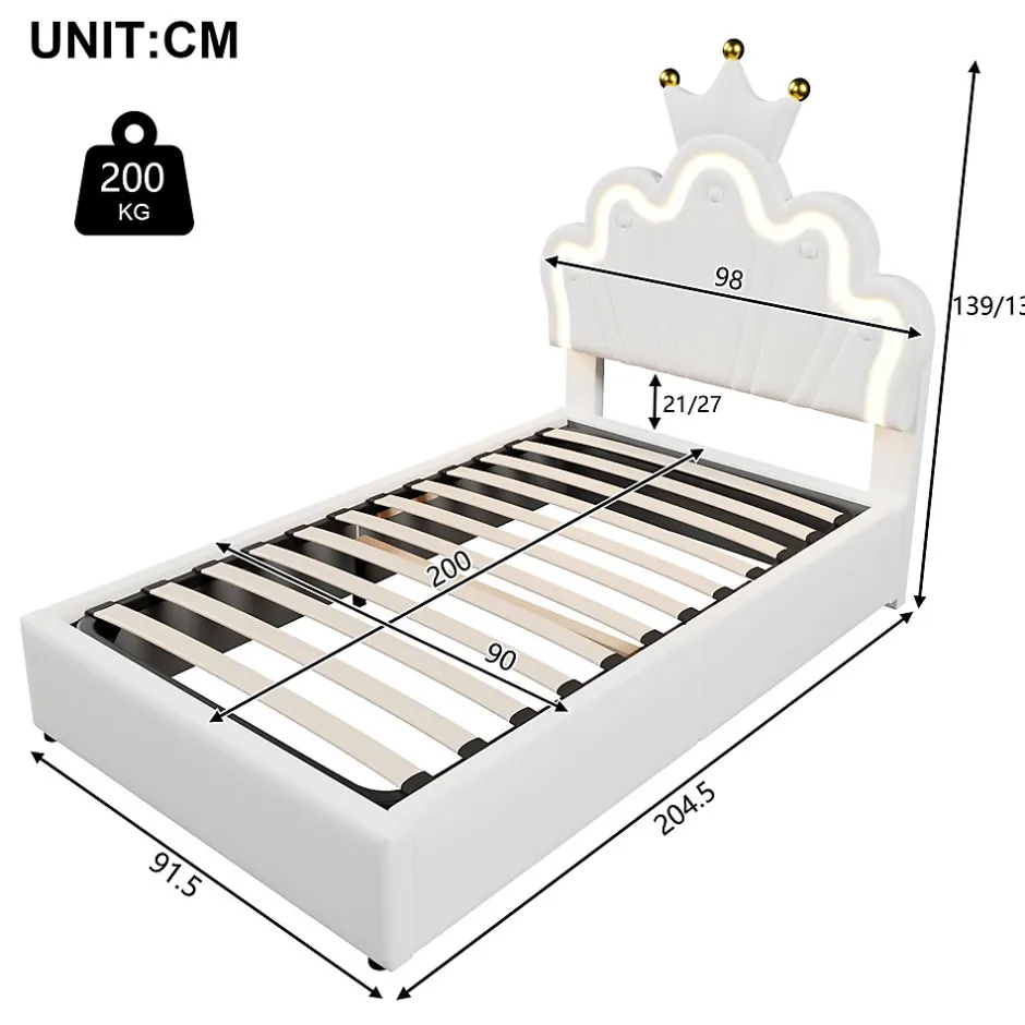 Redom Lit 90x200 cm avec tête de lit réglable et rangement hydraulique, revêtement PU blanc, design couronne