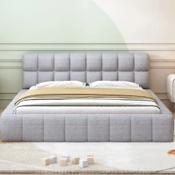 Redom Lit 140x200 cm avec tête de lit rembourrée et revêtement lin gris, cadre solide en panneaux MDF