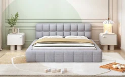 Redom Lit 140x200 cm avec tête de lit rembourrée et revêtement lin gris, cadre solide en panneaux MDF