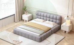 Redom Lit 140x200 cm avec tête de lit rembourrée et revêtement lin gris, cadre solide en panneaux MDF