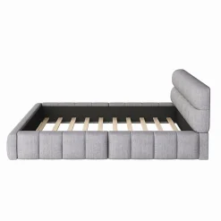 Redom Lit 140x200 cm avec tête de lit rembourrée et revêtement lin gris, cadre solide en panneaux MDF